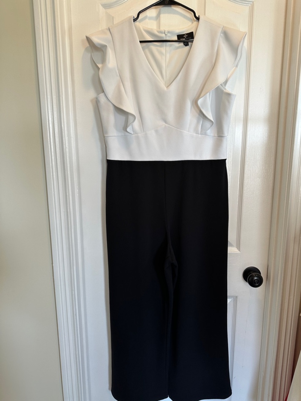 Ronni Nicole Two-Tone Ruffle Shoulder Jumpsuit - White & Black